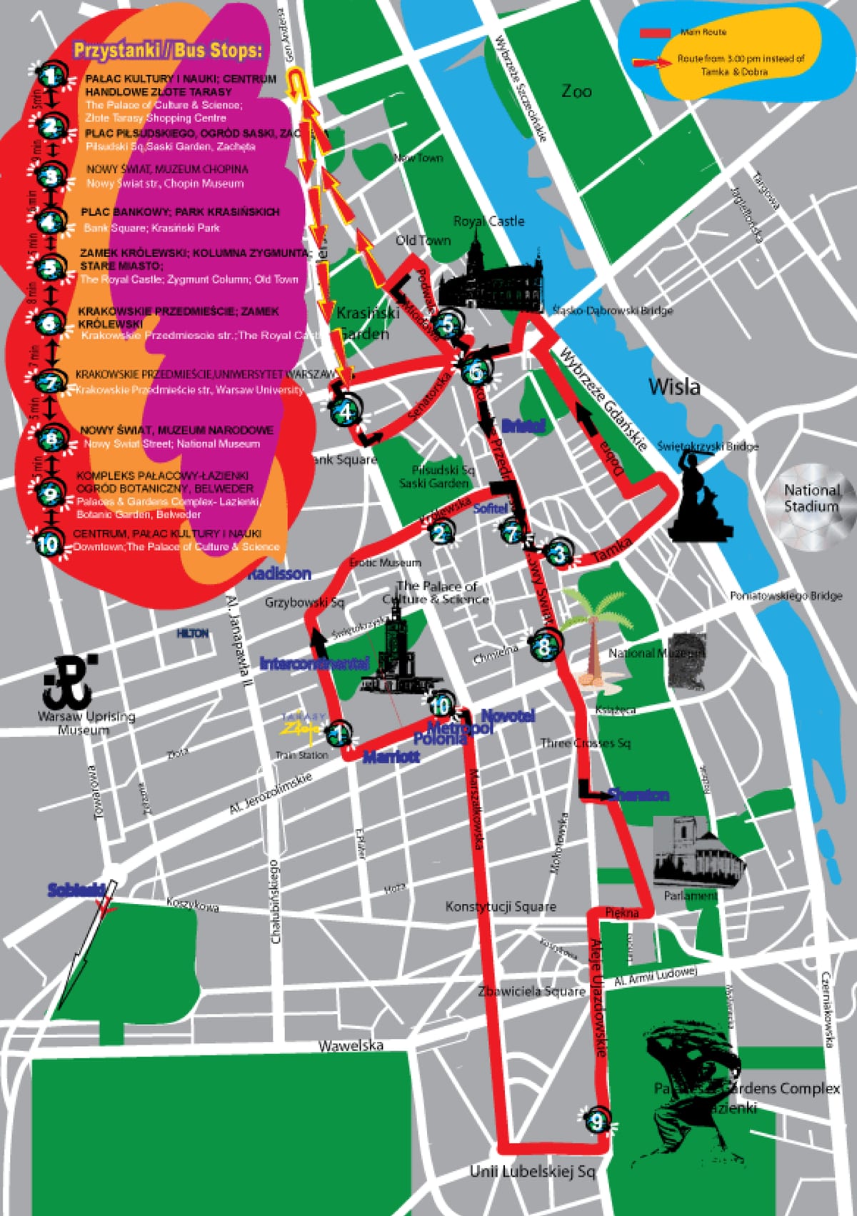 Mapa autobusu turystycznego hop-on hop-off City Sightseeing