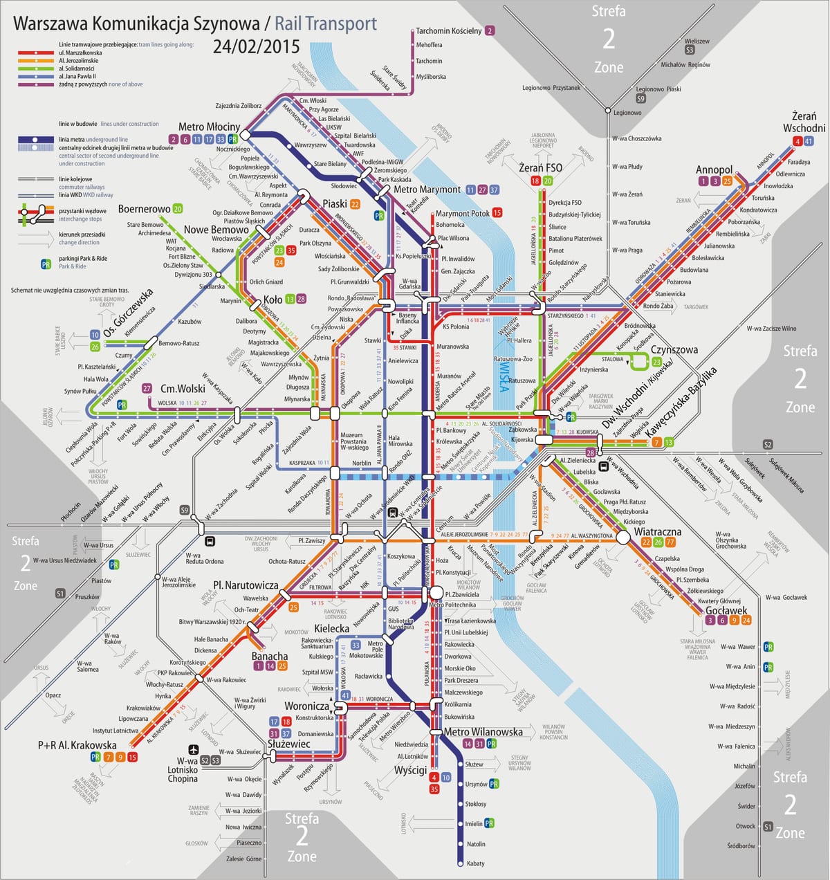 Mapa sieci tramwajowej w Warszawie