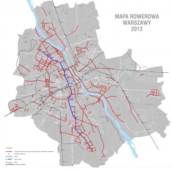 Mapa tras rowerowych w Warszawie