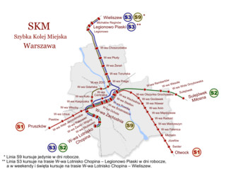 Mapa sieci pociągów podmiejskich SKM w Warszawie