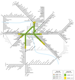 Mapa sieci pociągów podmiejskich KM w Warszawie